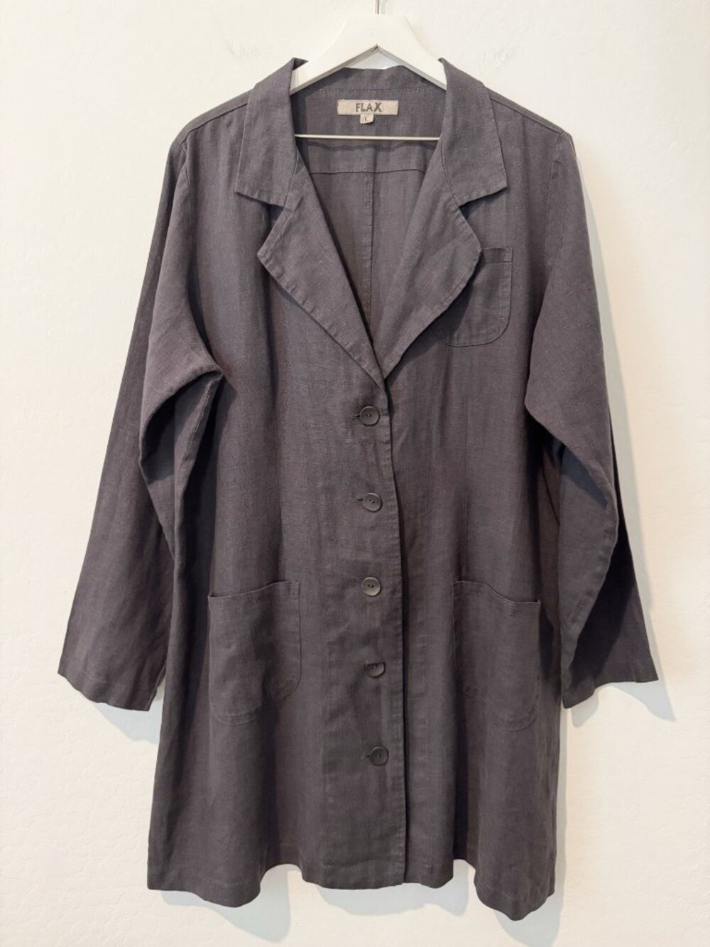 Flax Linen Longline Duster Jacket Large Gray Lagenlook Chore Trench Artisan Boho